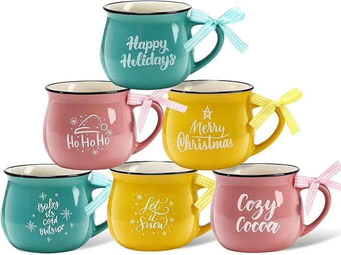 Sawysine Christmas Coffee Mugs Set of 6, 12 oz Ceramic Mug Gift Holiday Hot Cocoa for Family Mom Woman Friend Farmhouse(Pastel Style)