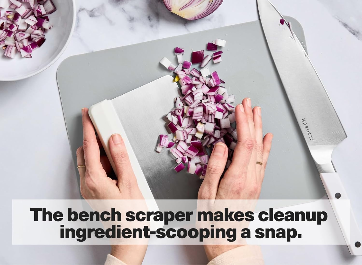 Misen Stainless Steel Bench Scraper - Versatile Food Scraper with Walnut Handle - Ideal for Kitchen, Pastry & Dough - Durable Cutting Board Scraper Tool - Effortless Transfer into Pots & Pans - White
