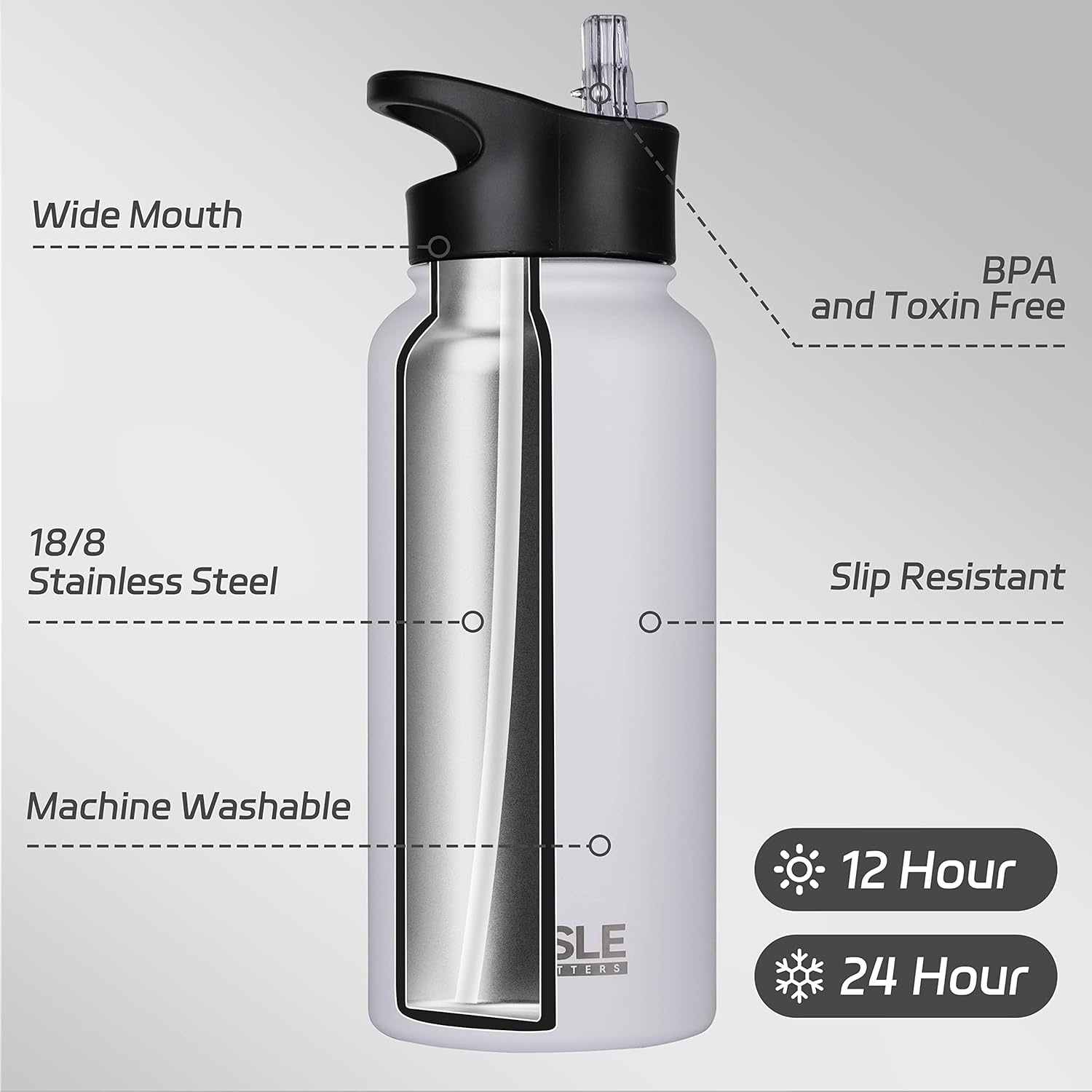 HASLE OUTFITTERS 32 oz Insulated Water Bottle Stainless Steel Double Walled Vacuum Sports Water Bottle with 2 Lids (Straw and Spout Lid) for Gym Camping Hiking(White,8)