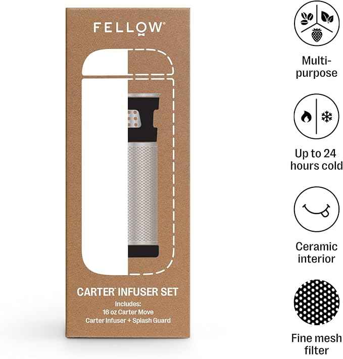 Fellow Carter Tea + Cold Brew Infuser & Carter Move 16 oz Tumbler Set - Steep Tea On-The-Go - Vacuum-Insulated Stainless Steel Travel Mug w/Snap-In Infuser For Steeping Tea, Cold Brew, Matte White