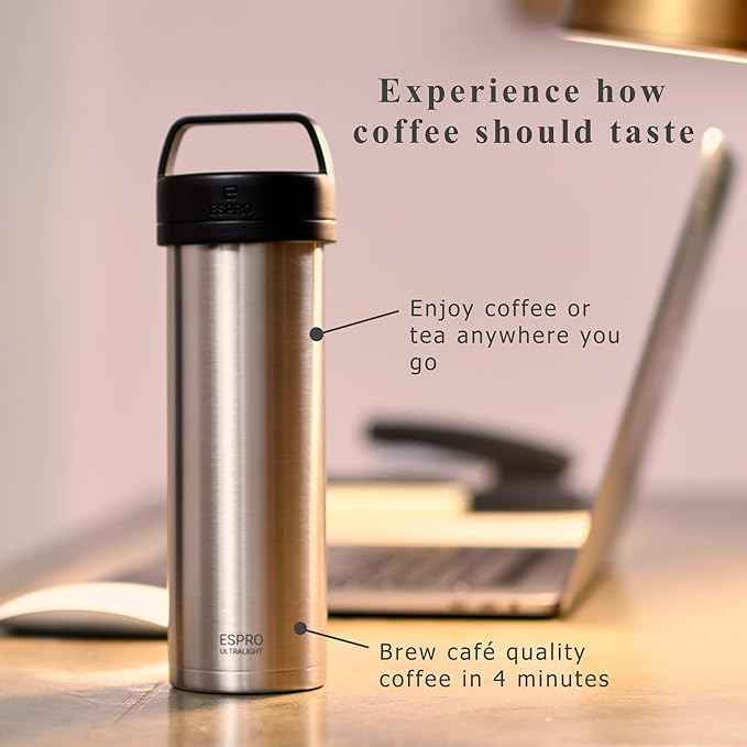 ESPRO P0 Ultralight French Press Coffee Maker for Travel, Vacuum Insulated Stainless Steel, 16 Ounces, Brushed Stainless Steel