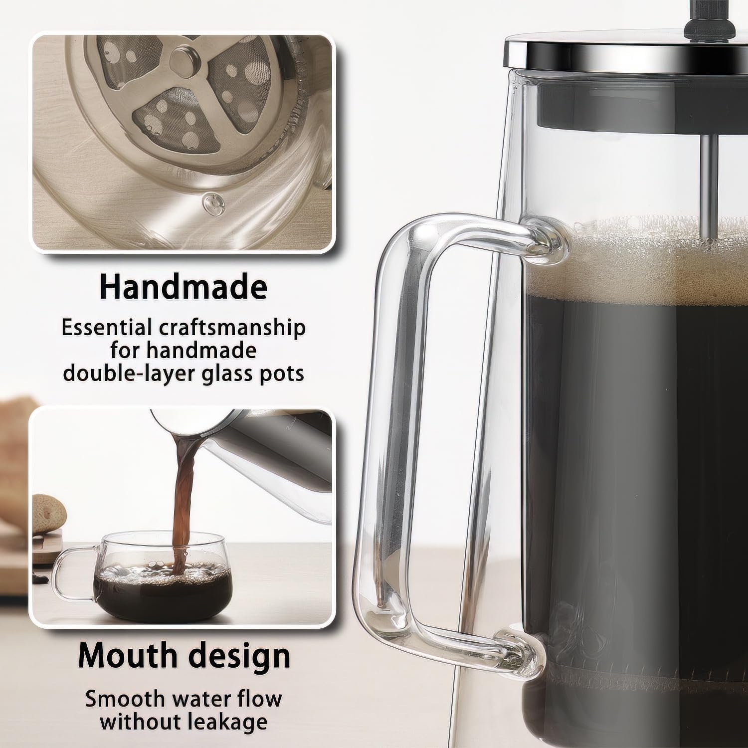 French Press Coffee Maker 34Oz - Double-Wall Insulated Borosilicate Glass - Ergonomic Handle - Coffee Gift - Tea & Coffee Press - Blissbrew