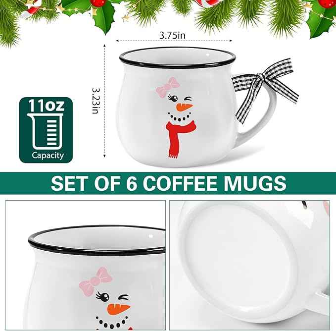Jinei Set of 6 Christmas Coffee Mugs Gift, 12 oz Hot Cocoa Ceramic Cup for Holiday Milk Tea Mugs Coffee Bar Decoration Christmas Gift for Mom Woman Family Friend (Snowman)