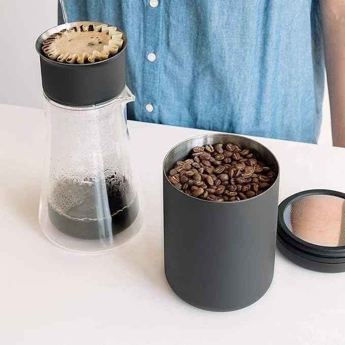 Fellow Atmos Vacuum Coffee Canister – 1.2L Stainless Steel Airtight Food Storage Container for Coffee Beans, Ground Coffee, Tea & Spices – Vacuum Seal Preserves Freshness – Matte Black