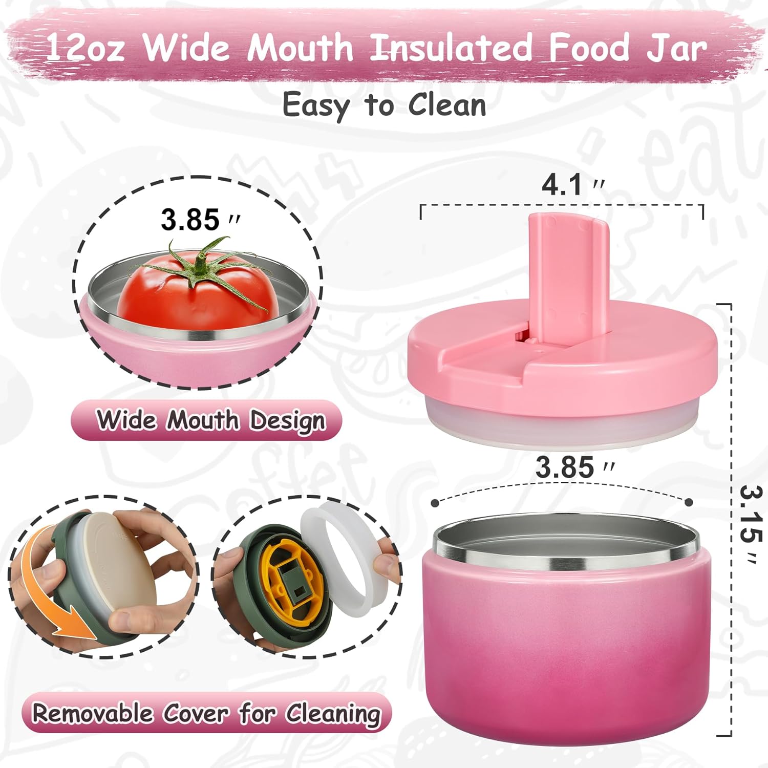 12oz Insulated Vacuum Food Jar with Buckle Lid Wide Mouth Soup Thermo for Hot Food Kids Leakproof Stainless Steel Lunch Container (Gradient Pink, 12OZ) - Blissbrew