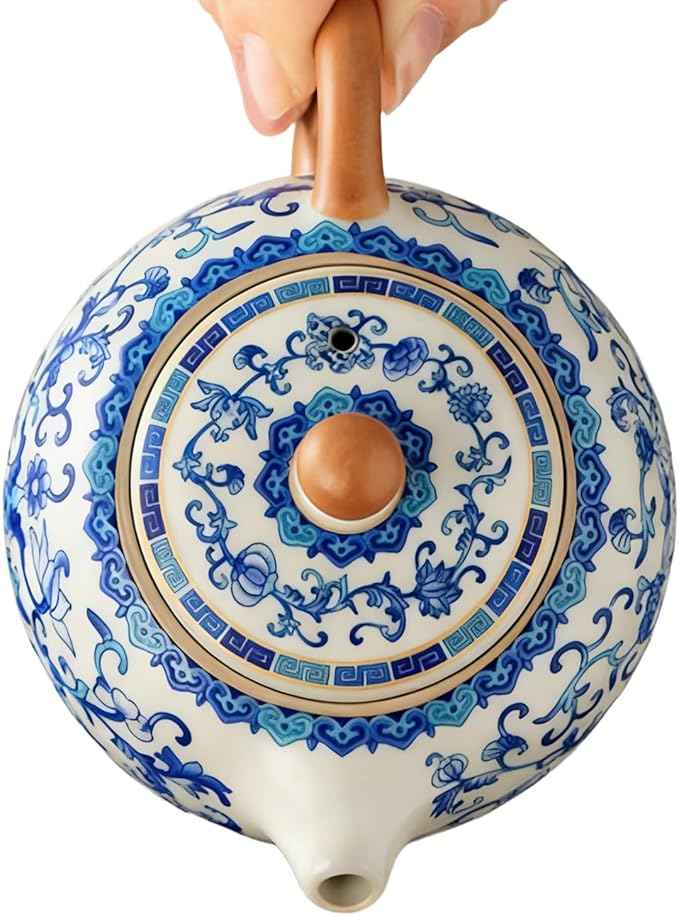 Floral Tea Pot & Tea Cup Set, Classic Blue and White Porcelain, Ice Crack Glaze, Chinese Kungfu Teapot and Teacups Set, Gift Box Packaging