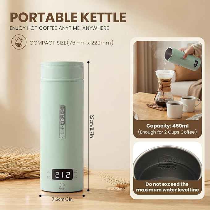 Portable Electric Kettle forTravel, Small Hot Water Kettle with NTC Temperature Control and Auto Shut-Off, 316 Stainless Steel, Green 120V & 15oz