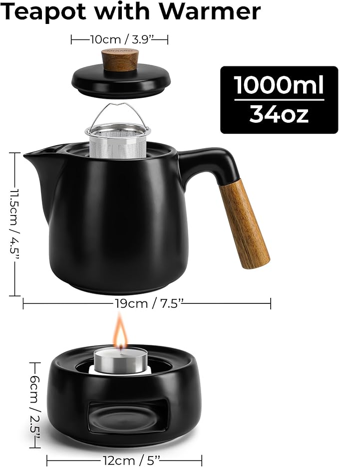 MIAMIO - Teapot Set with Warmer / 34 oz Tea Kettle with Infuser for Steeping Loose Tea Leaves - Gift for Women/Tea Lovers (Black)