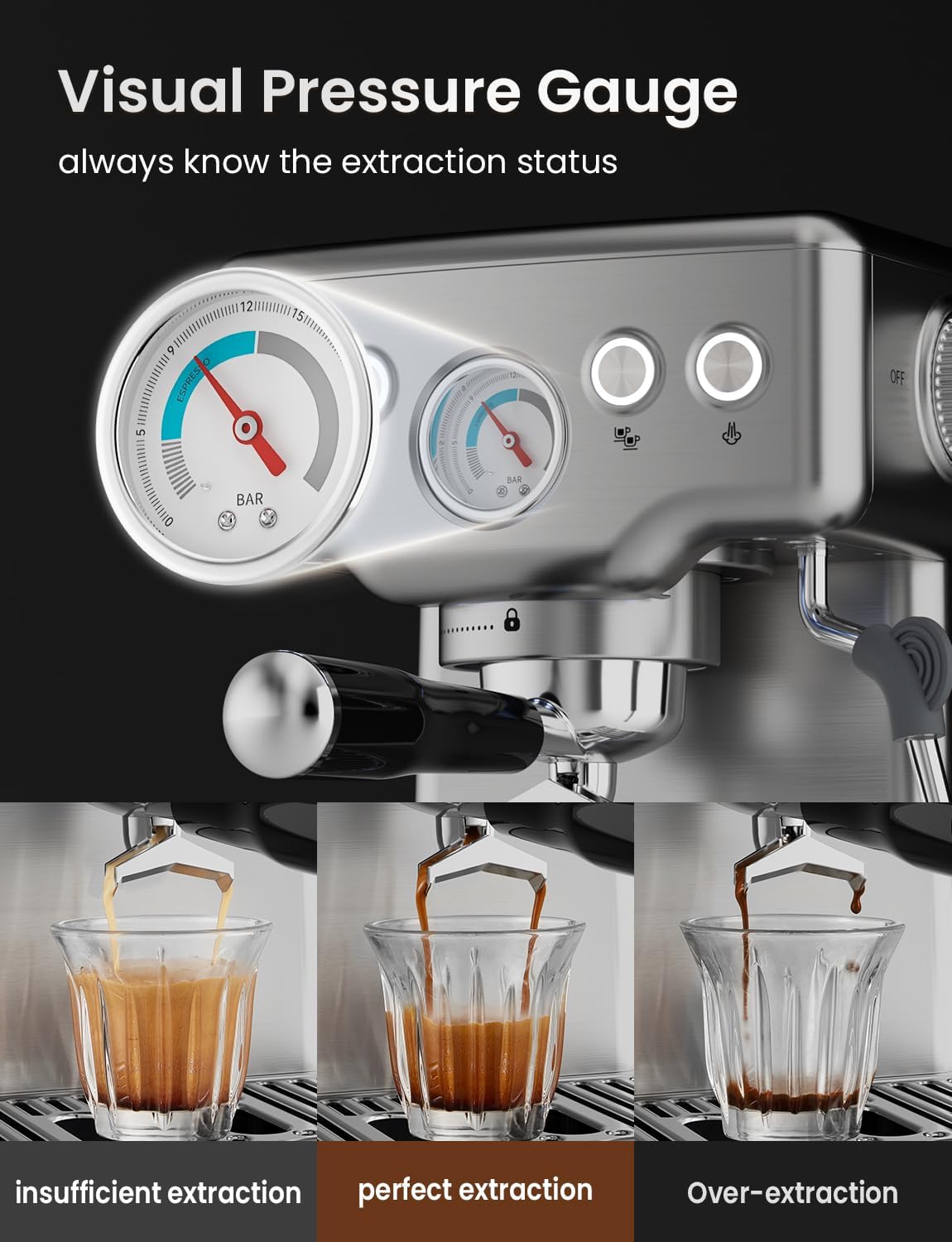 Neretva Espresso Machine, 15 Bar Espresso Coffee Machine with Visible Pressure Guage Professional Espresso Maker with Milk Frother & Stainless Steel for Home Barista Latte and Cappuccino Maker-Silver - Blissbrew