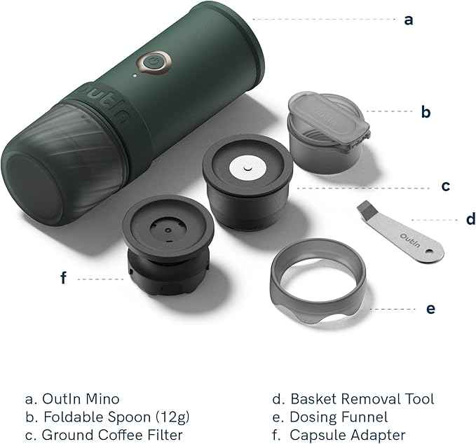 OutIn Mino Portable Electric Espresso Machine, Mini Camping Coffee Maker for Travel, Pocket Sized Coffee Machine Self-Heating, Ground Coffee & NS Capsule Adapter For Adventure
