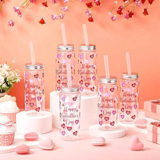 Vesici 12 Pcs Happy Galentines Day Party Favors 14.2oz Galentine Day Tumbler with Lid and Straw Plastic Reusable Tumbler Bulk Inspirational Gifts Cold Drinking Cup for Romantic Valentine Girl Women