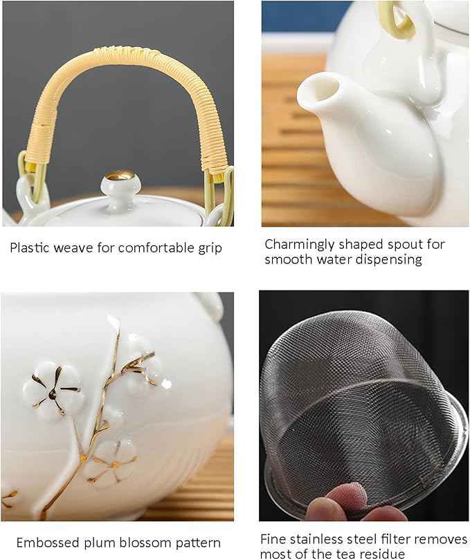 KEYDUACU Japanese Tea Set, White Ceramic Tea Set, Plum Blossom Embossed, Includes 1 Teapot (660ml), 6 Teacups,Tea Tray,Strainer, Can be used at home, outdoor, gift, Chinese Kung Fu Tea Set