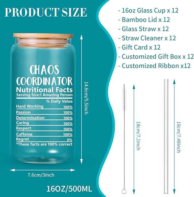 12 Set Employee Appreciation Gifts Bulk, Personalized Chaos Coordinator Gifts for Christmas Staff Coworker 16 oz Can Shaped Beer Glass Cups, Gift Box and Card for Team, Women, Men, New Year