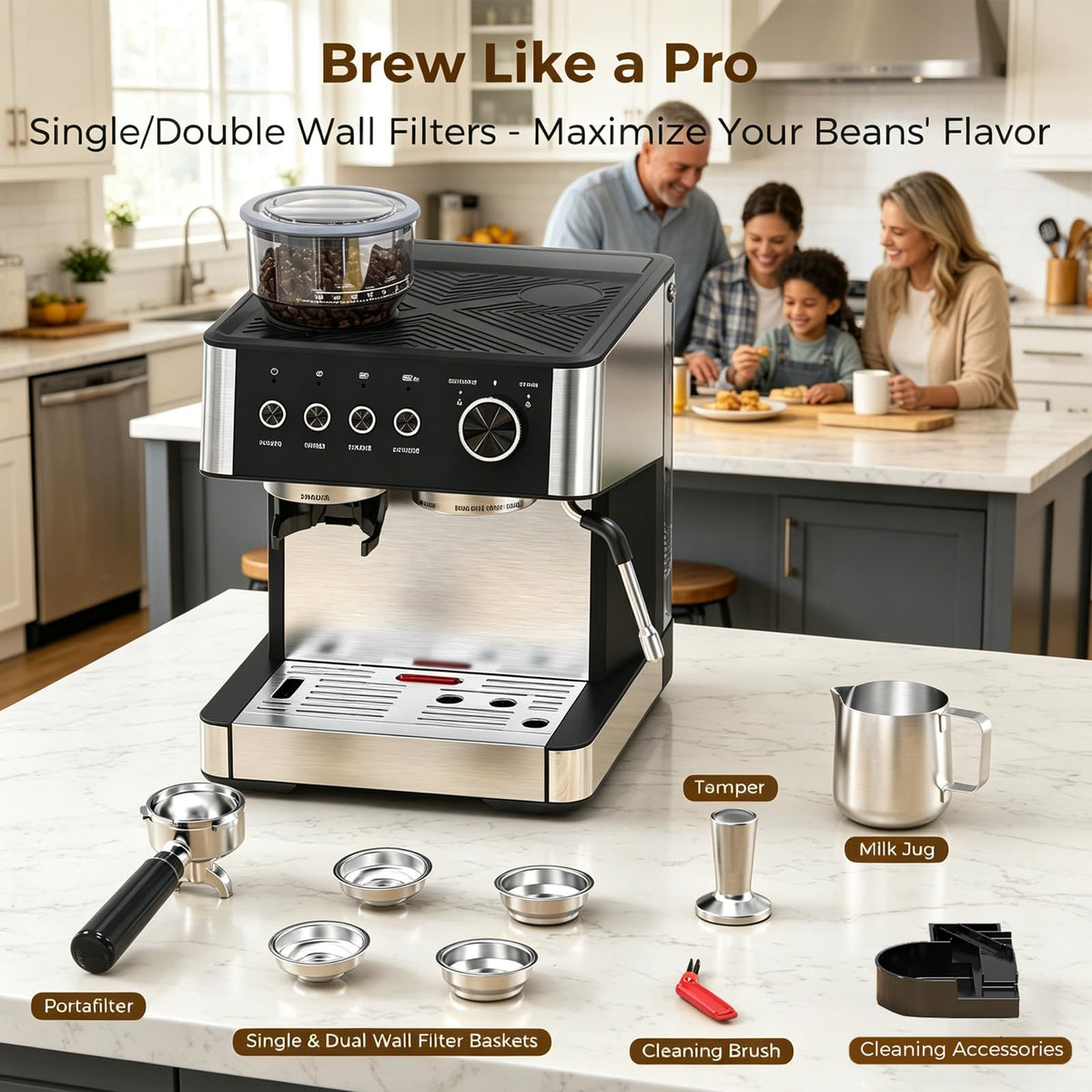 Programmable espresso machine with integrated grinder