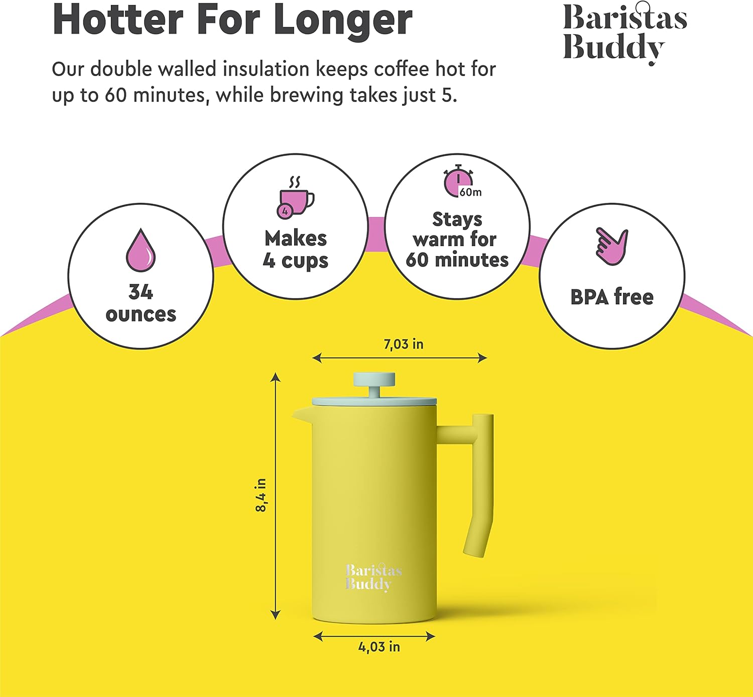 Yellow French Press Coffee Maker - Colorful, Retro And Stylish Insulated Coffee Brewer - Large Size Brews 4 Cups - Blissbrew