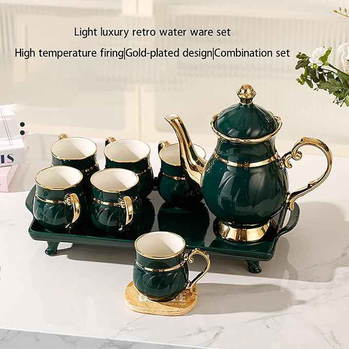 Adult Tea Set, Luxury English Teacup Set, Exquisite Ladies Tea Set (6 Cups + 1 Pot + 1 Tray) With Gift Box Packaging (green)