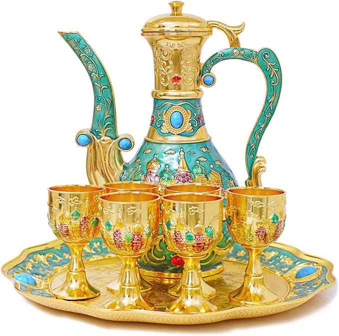 Vintage Turkish Coffee Pot Tea Pot Set,Crafts Teapot and Cup Set Including Tray and 6 Metal Cups,Tea Service Set for Tea Table Decor,Wedding Ornament (Green and Gold)
