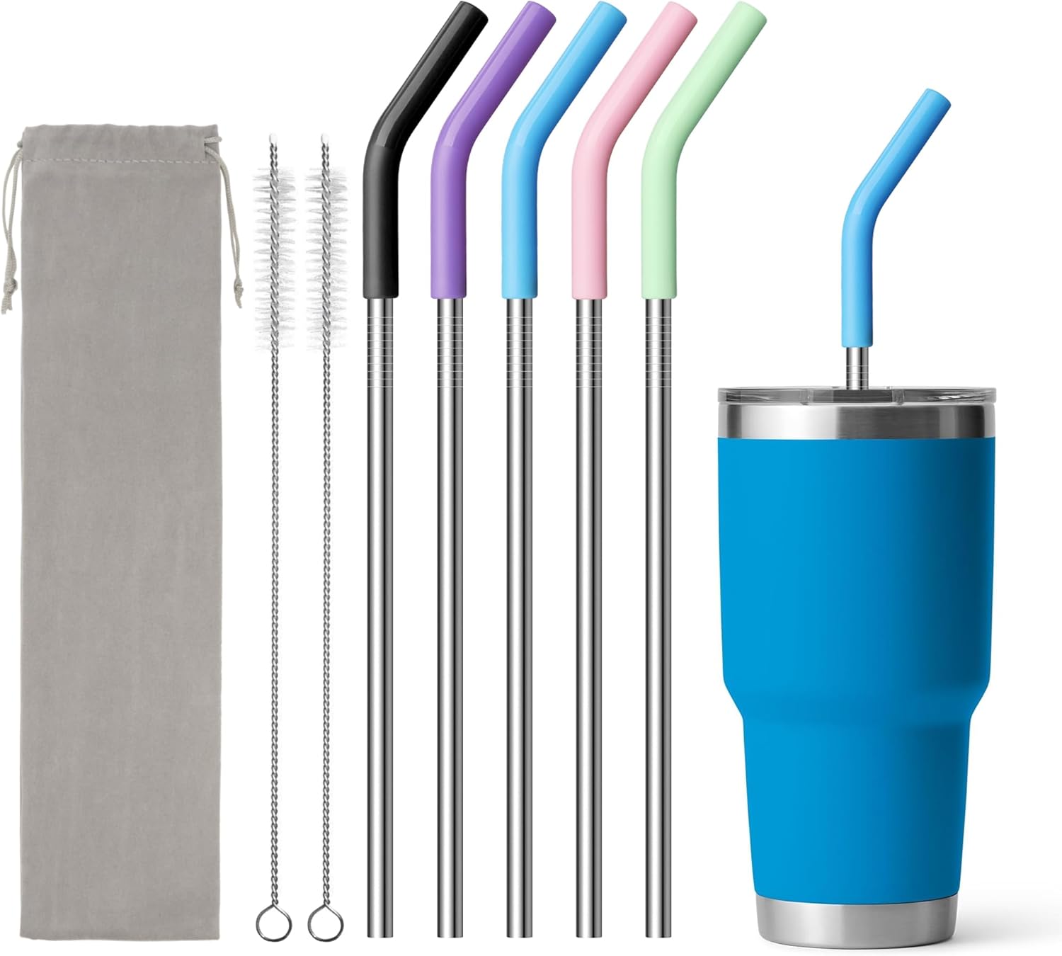Metal Straws Reusable With Silicone Tips, 9.5" Stainless Steel Straight Drinking Straw for Yeti 30 oz Tumbler- 2 Cleaning Brushes & 1 Portable Bag