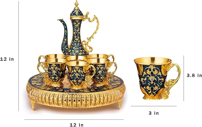 Vintage Extra Large Turkish Coffee & Tea Pot Set for 6 by Gute with Large Crystal Tray & Teapot Gold with Shiny Crystal (Blue) 480ml - 6 Vintage Moroccan Tea Glasses 230ml Teacups Gold