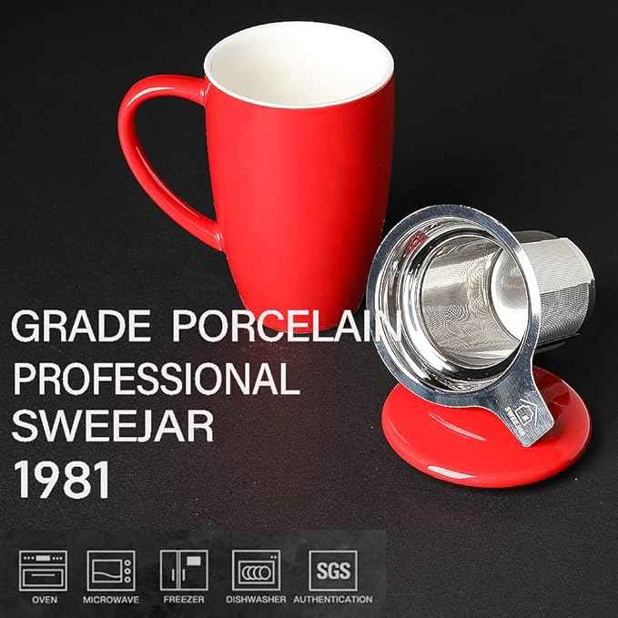 Sweejar Porcelain Tea Infuser Mug with Lid, 16 oz Teacup with Strainers for Loose Leaf Tea, Microwave and Dishwasher Safe Coffee Mug(Red)