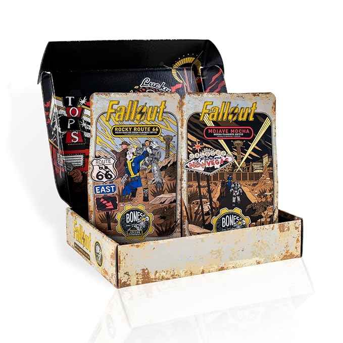 Bones Coffee Company Fallout Sin City Coffee Collector's Box, 2 Flavored Coffee Low Acid Medium Roast Arabica Beans Specialty Gifts, Auto Drip and French Press Compatible, 12 oz Pack of 2 Ground
