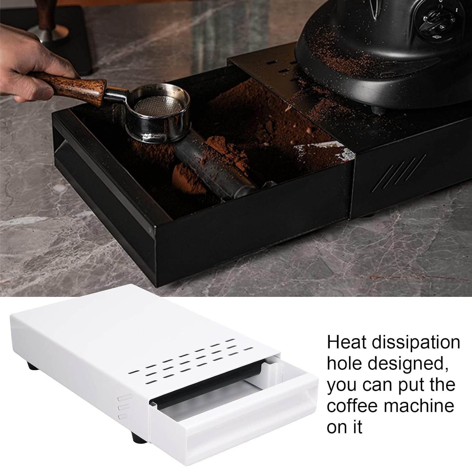 Coffee Knock Box, Thick Stainless Steel Plate Coffee Ground Knock Container Detachable Drawer Type Coffee Powder Box Non Slip Feet Design Knock Box Drawer (White)