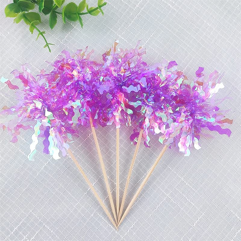 30Pcs Foil Firework Cupcake Toppers Happy Birthday Cake Toppers Tinsel Flower Drink Stirrers Cocktail Food Fruit Toothpicks for Valentine's Day Party Birthday Wedding Supplies Purple (30 Count)