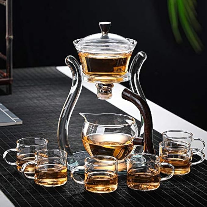 RORA Lazy Kungfu Glass Tea Set Semi Automatic Drip Rotating with Infuser Glass Teapot Set (6 cups)