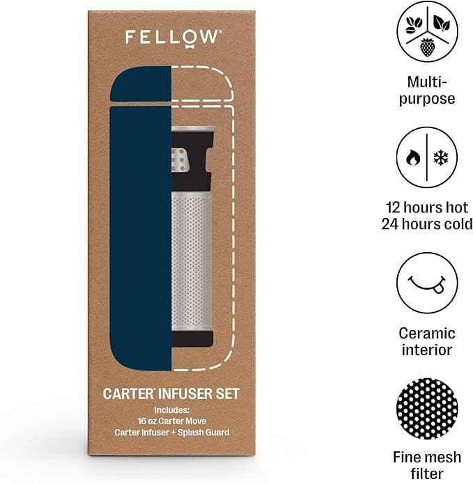 Fellow Carter Tea + Cold Brew Infuser & Carter Move 16 oz Tumbler Set - Steep Tea On-The-Go - Vacuum-Insulated Stainless Steel Travel Mug w/Snap-In Infuser For Steeping Tea, Cold Brew, Stone Blue
