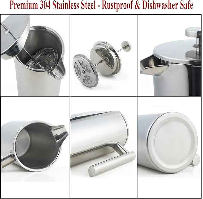 French Press Coffee Maker, 34 Oz Stainless Steel, Triple Mesh Filter, Double Wall Insulated, for Coffee & Tea, Portable for Home, Office, Camping & Travel