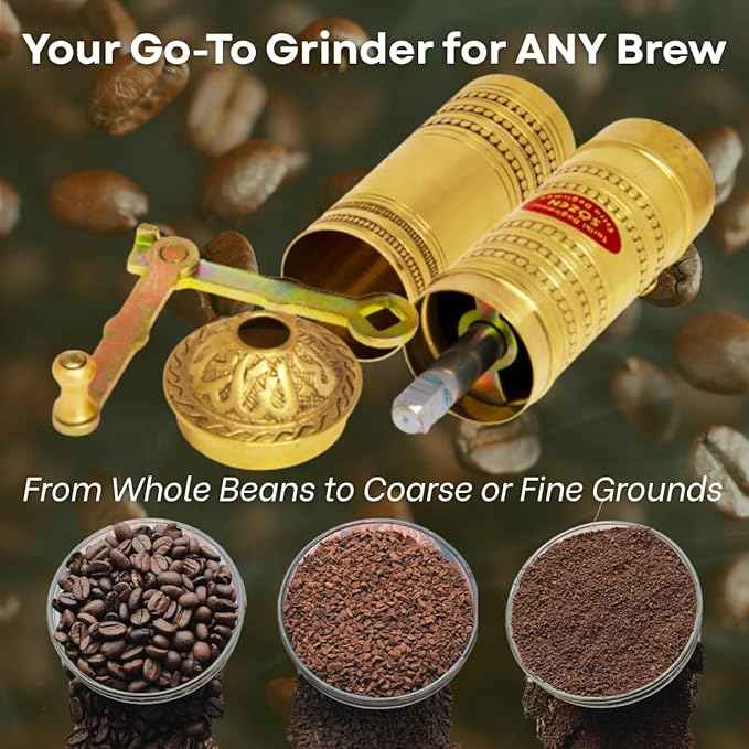 Sozen Hammered 9" Manual Coffee Grinder Brass – Hand Crank Burr Mill for Turkish Coffee, French Press, Espresso, Camping & Home Use – Portable Coffee Bean Grinder, Adjustable Conical Grinder