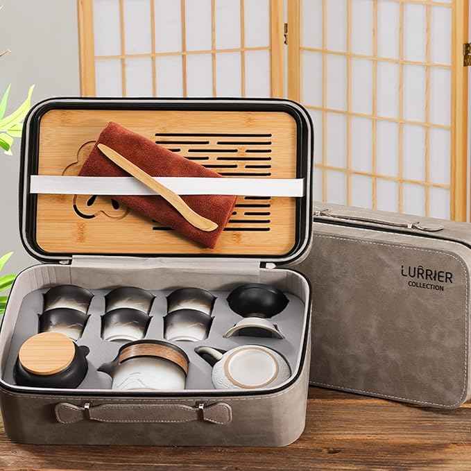 LURRIER Gongfu tea sets, Portable Ceramic TeaSet, Asian Tea sets for adult, Tea Gift sets, Grey leather case, Portable Travel Bag,Home,Gifting,Outdoor and Office(XBlack and White)