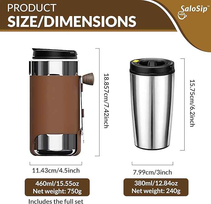 4-in-1 Portable Manual Pour Over Coffee Maker with Grinder – Travel & Camping Pour Over Set – All-in-One Portable Coffee Brewer Kit with Stainless Steel Kettle, Thermal Mug & Dripper