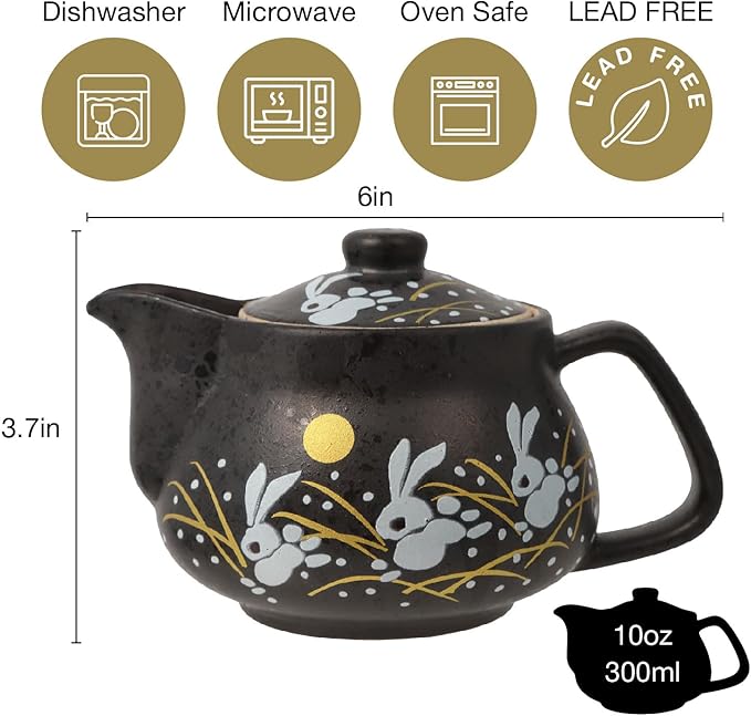 10oz bunny kyusu Rabbit Kutani Yaki(ware) Japanese Teapot with Removable Infuser, Handle Mug Stovetop Safe Tea Kettle, Blooming and Loose Leaf Tea Maker Set(Ceramic, Rabbit Black)