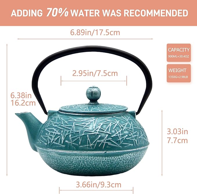 Cast Iron Tea Kettle,SECHUDO Teapot Coated with Enameled Interior for Loose Tea,Cast Iron Teapot with Stainless Steel Infuser for Stovetop Safe (30.4oz-Pattern-5)