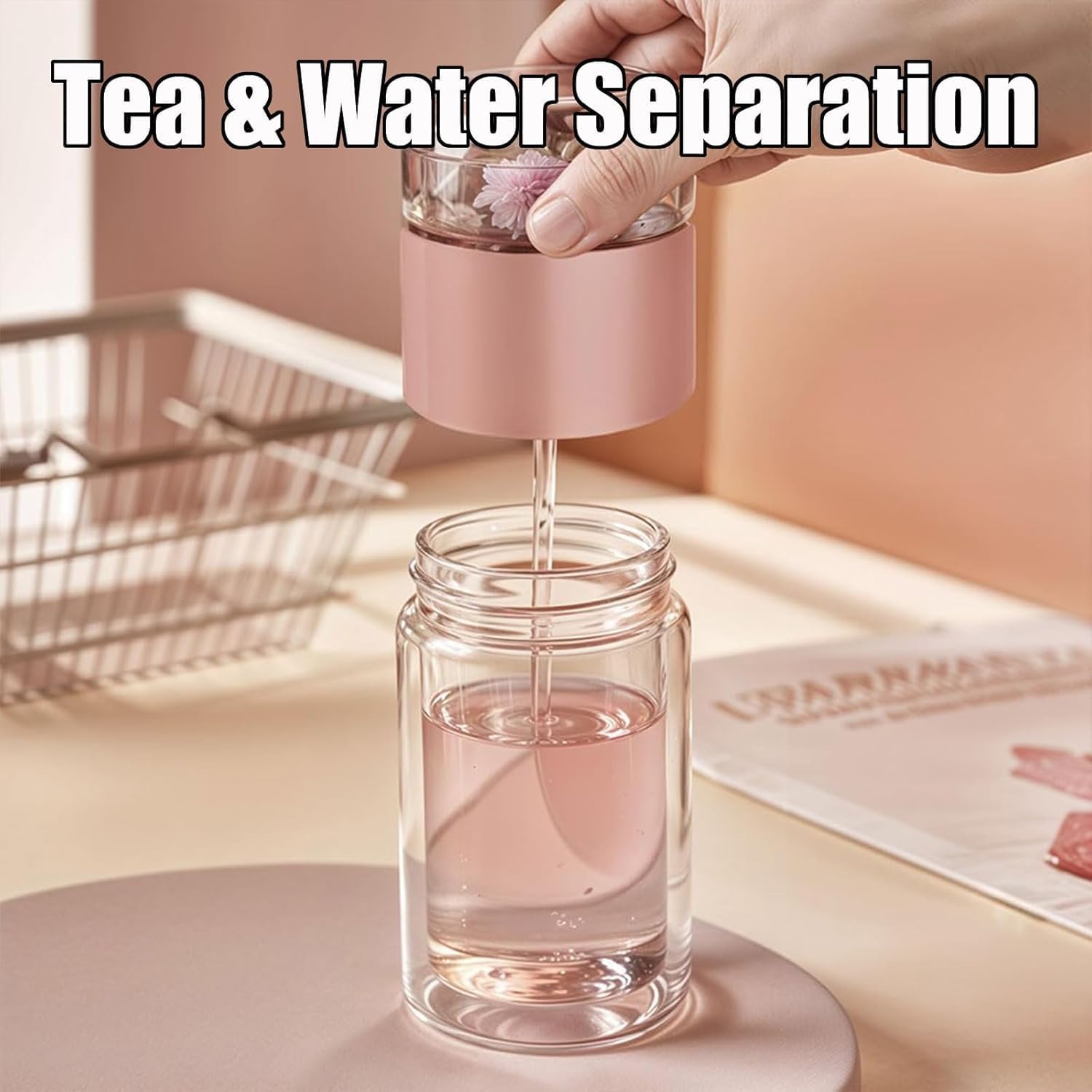 Tryteava Glass Infuser, Tryteava 3-in-1 Smart Tea Infuser, Portable Glass Double Wall Tea Infusers Bottle, with Stainless Steel Filter, Hot & Cold Brew, For Loose Leaf, Office Home (Pink, 350ml)
