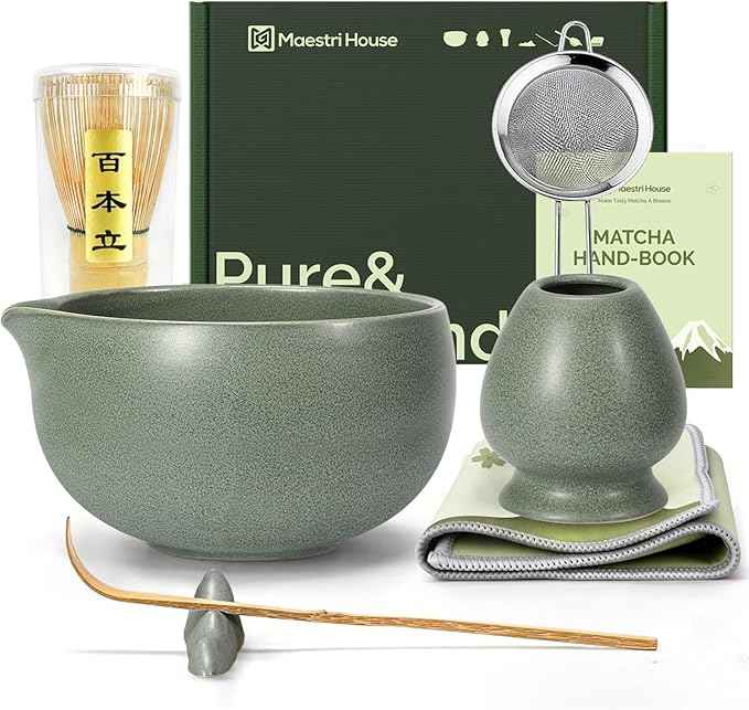 Maestri House Matcha Whisk Set, 7-Pc Complete Matcha Kit with Spouted Ceramic Bowl, Bamboo Whisk and Holder, Scoop, Spoon Rest & Sifter, Tea Cloth – Ideal Gift for Matcha Lovers (Moss-Green)
