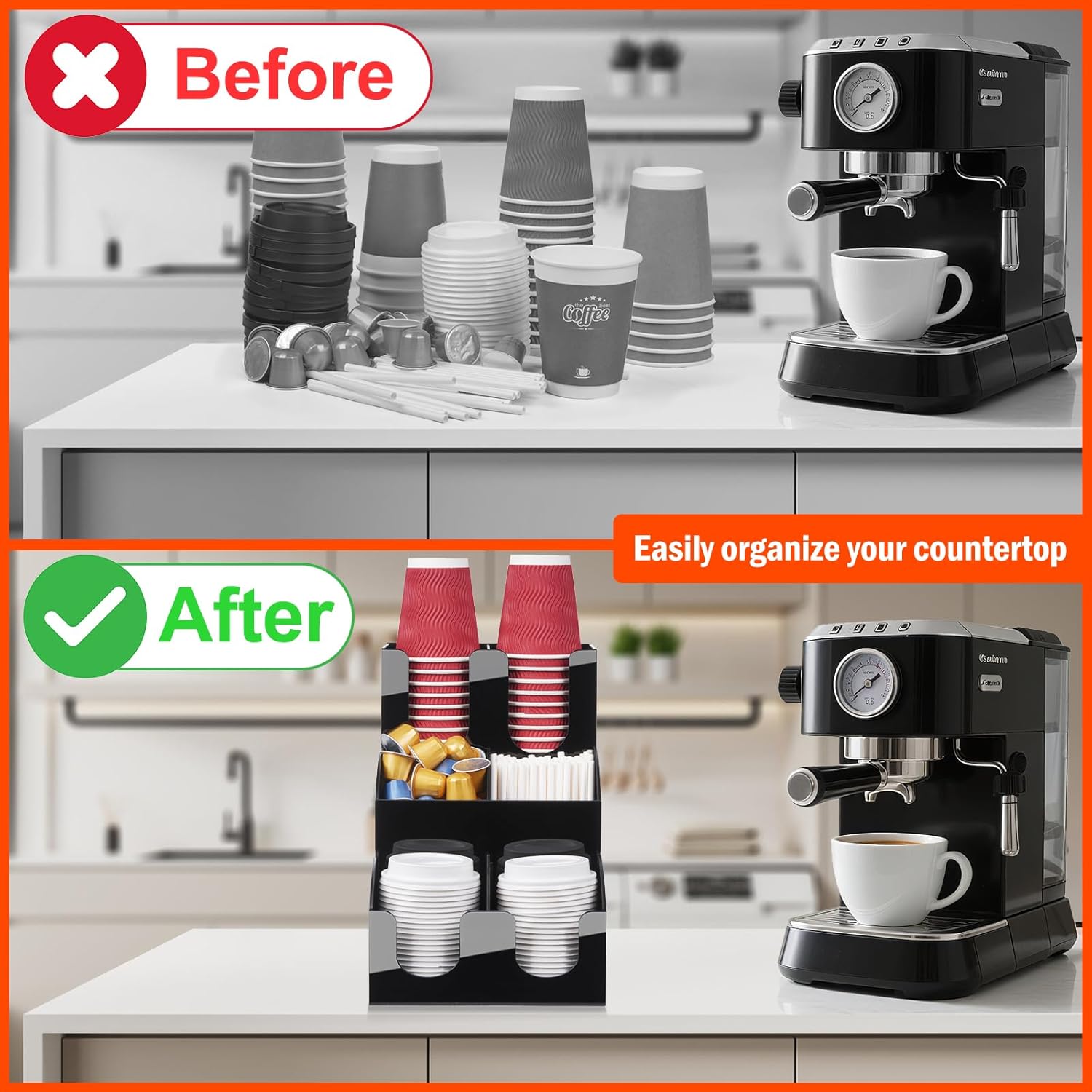 MYITYARD Coffee Station Organizer, 3-Tier Coffee Bar Accessories for Countertop, Acrylic Condiment and Cup Storage Organizer, 6 Compartments, Cup and Lid Holder for Pods, Syrup, Stirrer