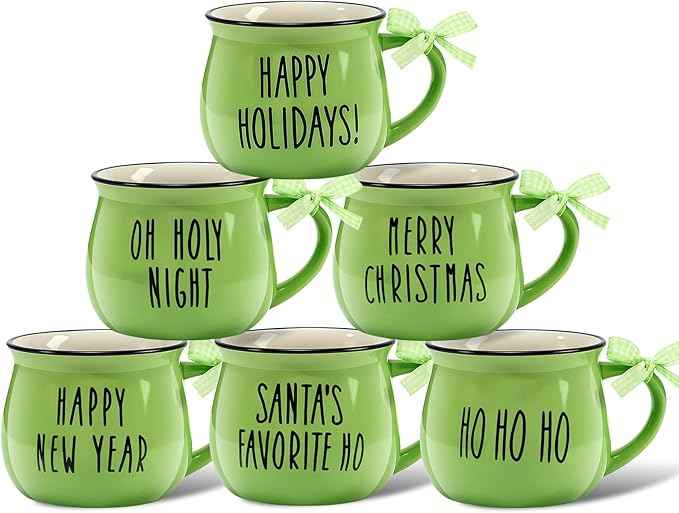 Sawysine Christmas Coffee Mugs Set of 6, 12 oz Ceramic Mug Gift Holiday Hot Cocoa for Family Mom Woman Friend Farmhouse(Evergreen Style)