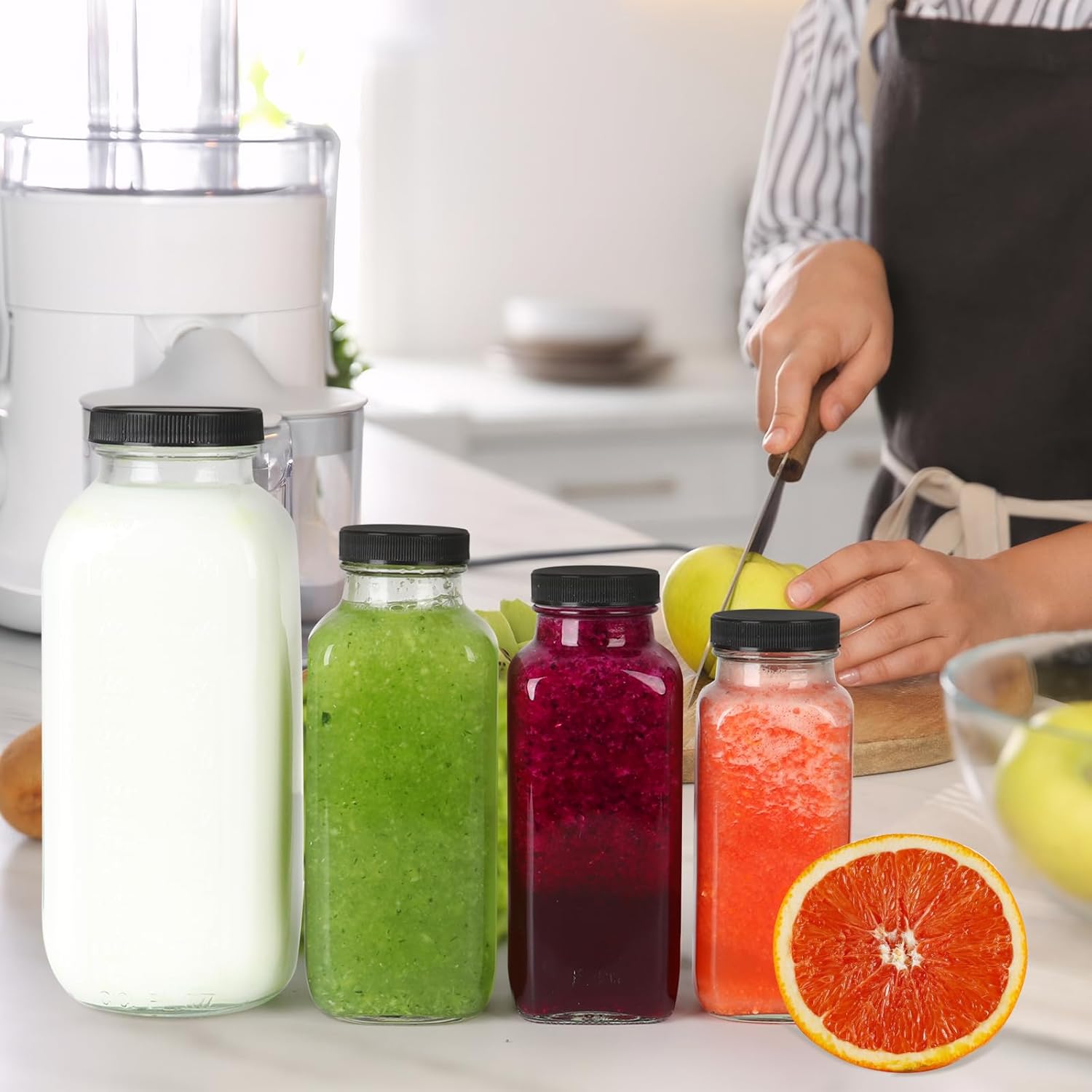 16 oz Glass Juice Bottles with Lids 3 Pack, Reusable Glass Drink Bottles,500ml Water Drinking Bottle for Milk,Juicing,Kombucha,Ginger,Beverage Glassware,Juice Drinking Jars