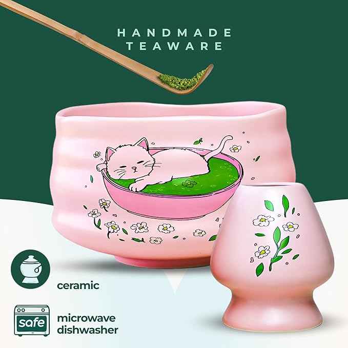 Matcha Gift Set 6 Pcs – Ceramic Bowl, Bamboo Whisk, Whisk Holder, Scoop, Sifter & Cloth – Traditional Japanese Set for Green Tea by Aprika Matcha (Pink with Cats)