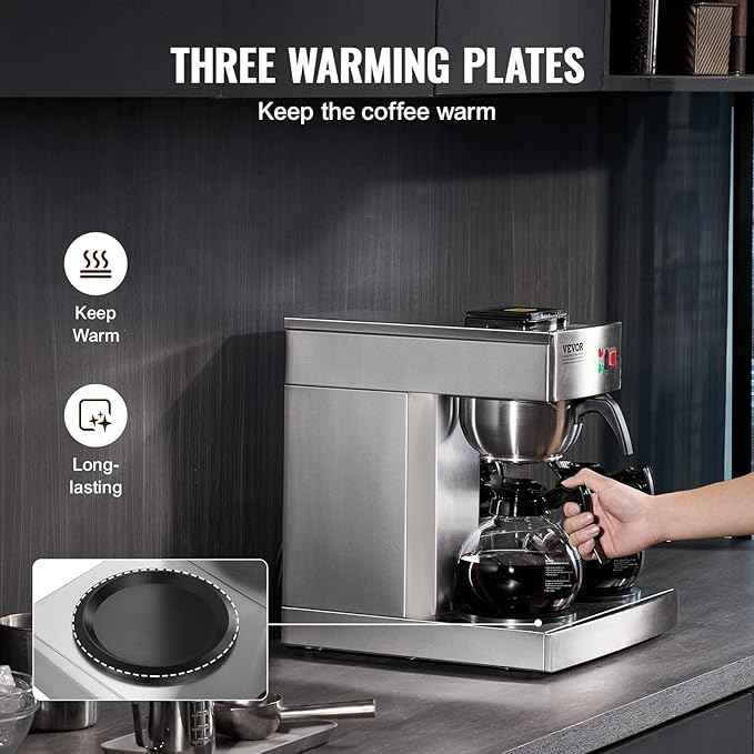 VEVOR 12 Cups Commercial Drip Coffee Maker, Coffee Maker Machine with 3 Glass Carafes and 3 Warmer Plates, Stainless Steel Pour Over Coffee Brewer for Restaurant, Office, Cafe