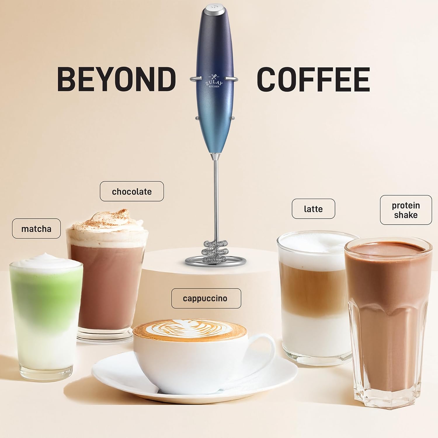 Zulay Kitchen Patented Tornado Triple Whisk Milk Frother with 4 Duracell Batteries – Handheld Foam Maker for Coffee, Lattes, Matcha & Hot Chocolate – Rich, Creamy Froth in Seconds