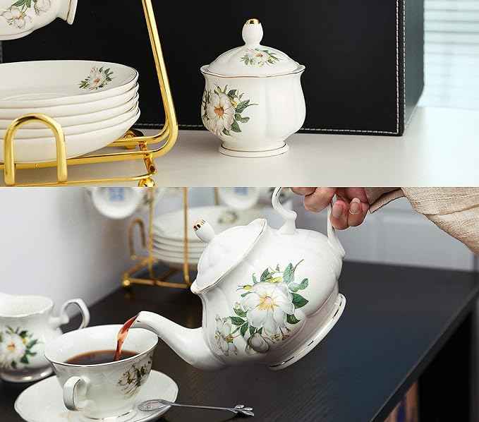 CHENP.HMC Porcelain Tea Set Tea Cup Set 22-Piece Porcelain Ceramic Coffee Tea Gift Sets Cups Saucer Service for 6 Teapot Sugar Bowl Creamer Pitcher and Teaspoons tea pot sets(Camellia)