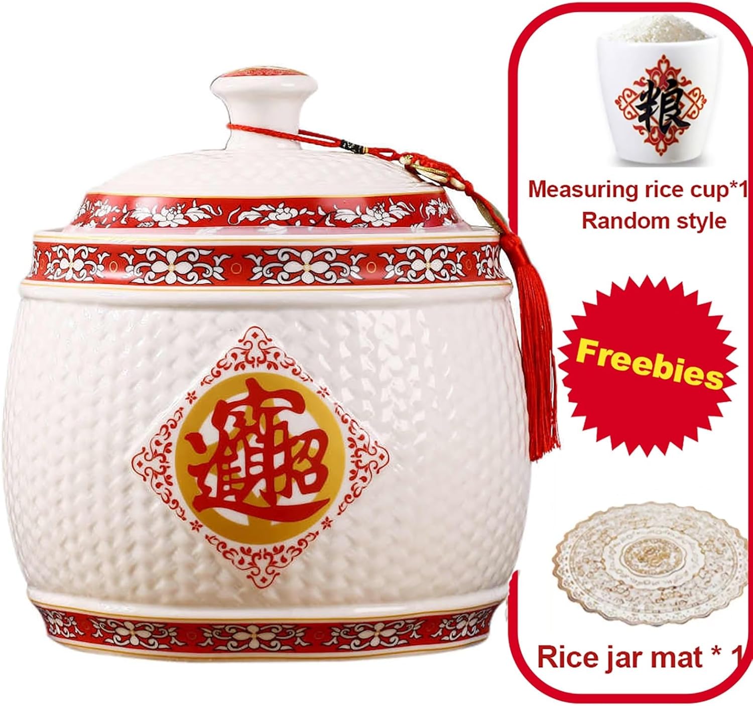 Chinese Sealed Large-Capacity Rice Pot, Ceramic Rice Bucket With Tassel Design, Grain Storage Ceramic Container, Rice Dispenser Airtight Storage Bucket For Grains Snacks Candy Coffee Beans Food(E,Capa