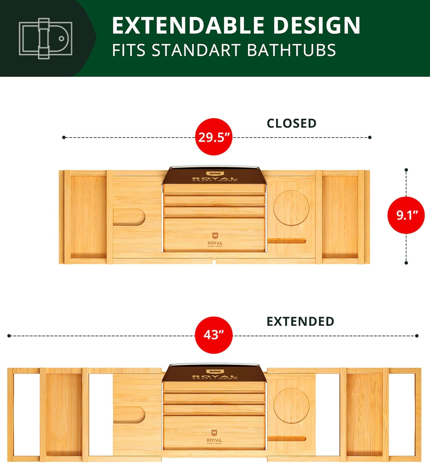 Non-Foldable Bathtub Tray Caddy for Tub, Bamboo Bath Shelf, Premium Wood Bath Table, Expandable Bathtub & Bathroom Accessories, New Home Gifts for Mom, Housewarming, Anniversary