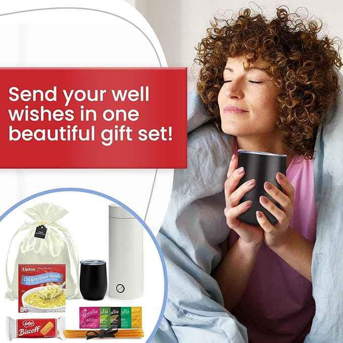 Get Well Soon Gift Basket for Men and Women: Organic Tea, Portable Kettle, Soup, Honey Sticks, Cookies & Insulated Mug Care Package | Post Surgery | Feel Better