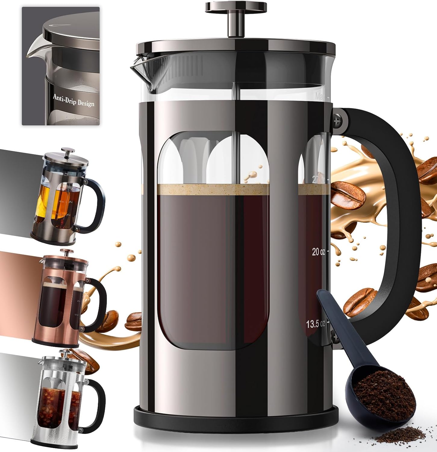 BAYKA French Press Coffee Maker 34 Ounce 1 Liter, Borosilicate Glass Stainless Steel Brewer, Large Portable Cold Brew Cafetera Teapot for Kitchen Travel Camping Coffee Bar Accessories, Dark Pewter - Blissbrew