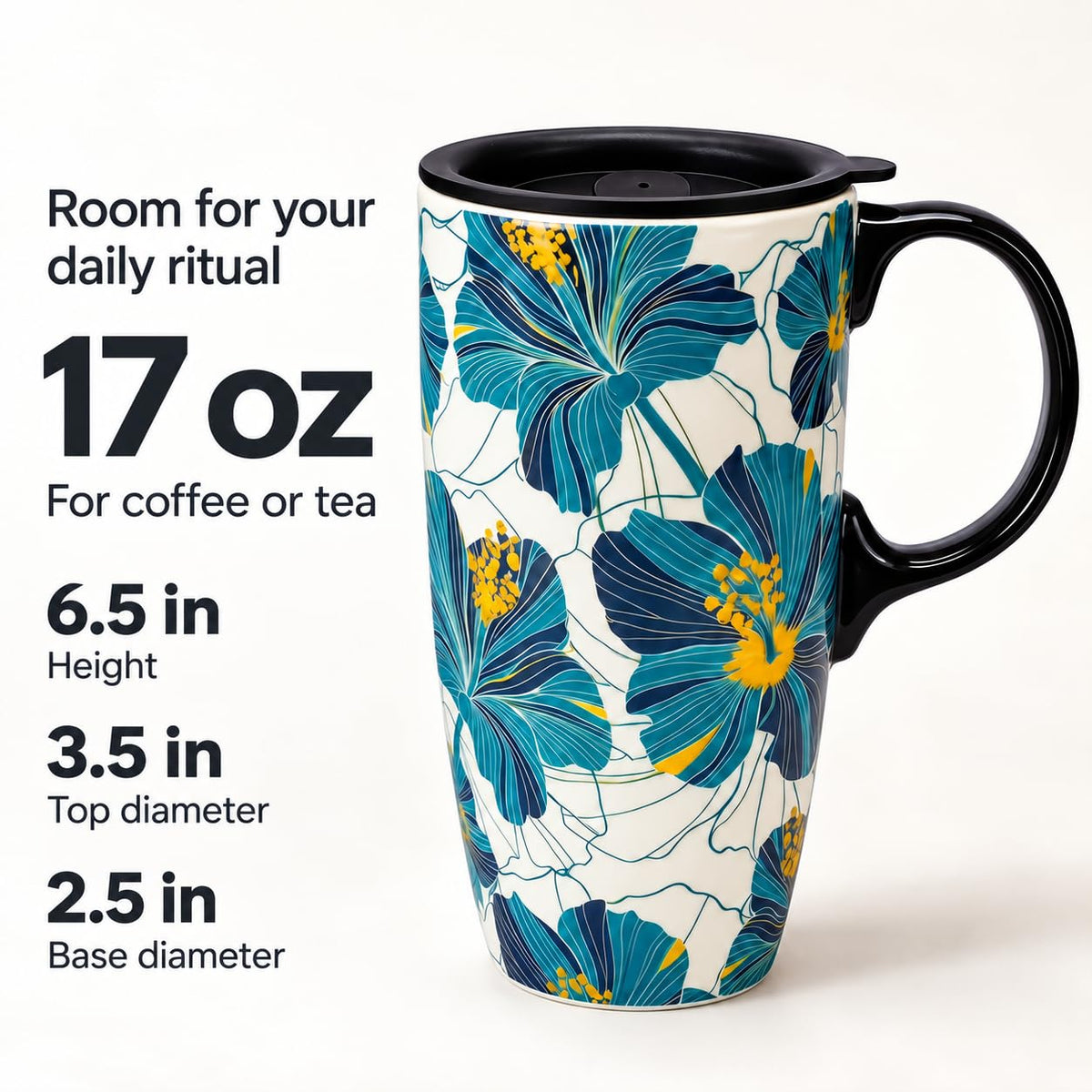 Blue hibiscus floral ceramic mug front view