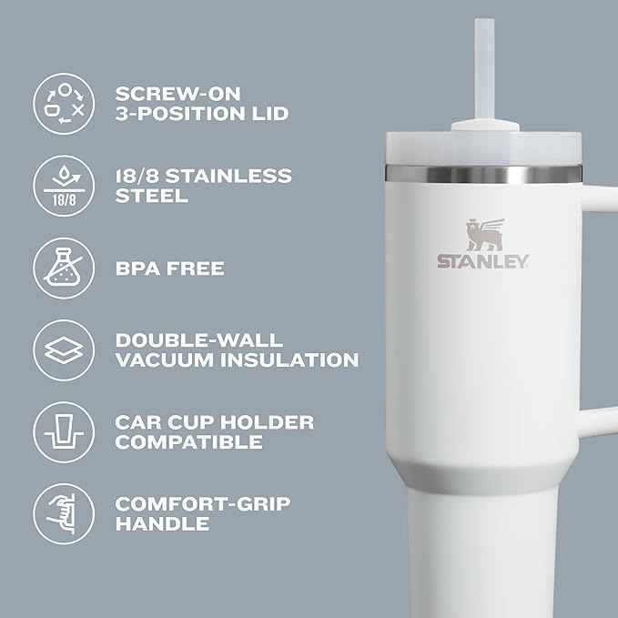 STANLEY Quencher H2.0 Tumbler with Handle and Straw 40 oz | Flowstate 3-Position Lid | Cup Holder Compatible for Travel | Insulated Stainless Steel Cup | BPA-Free | Frost
